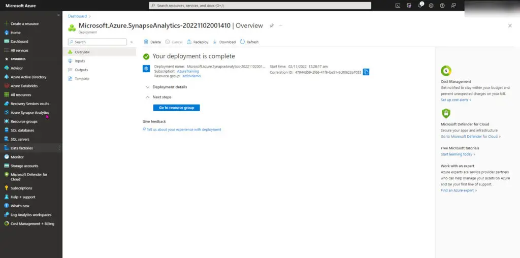 Synapse resource deployment complete synapse-analytics-deployment-complete